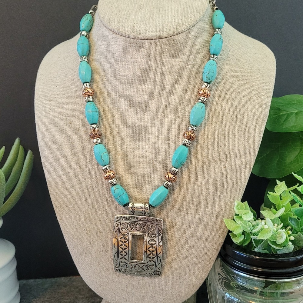 Southwestern Turquoise Color Stone Mixed Metal Pendant Necklace 18in Brighton